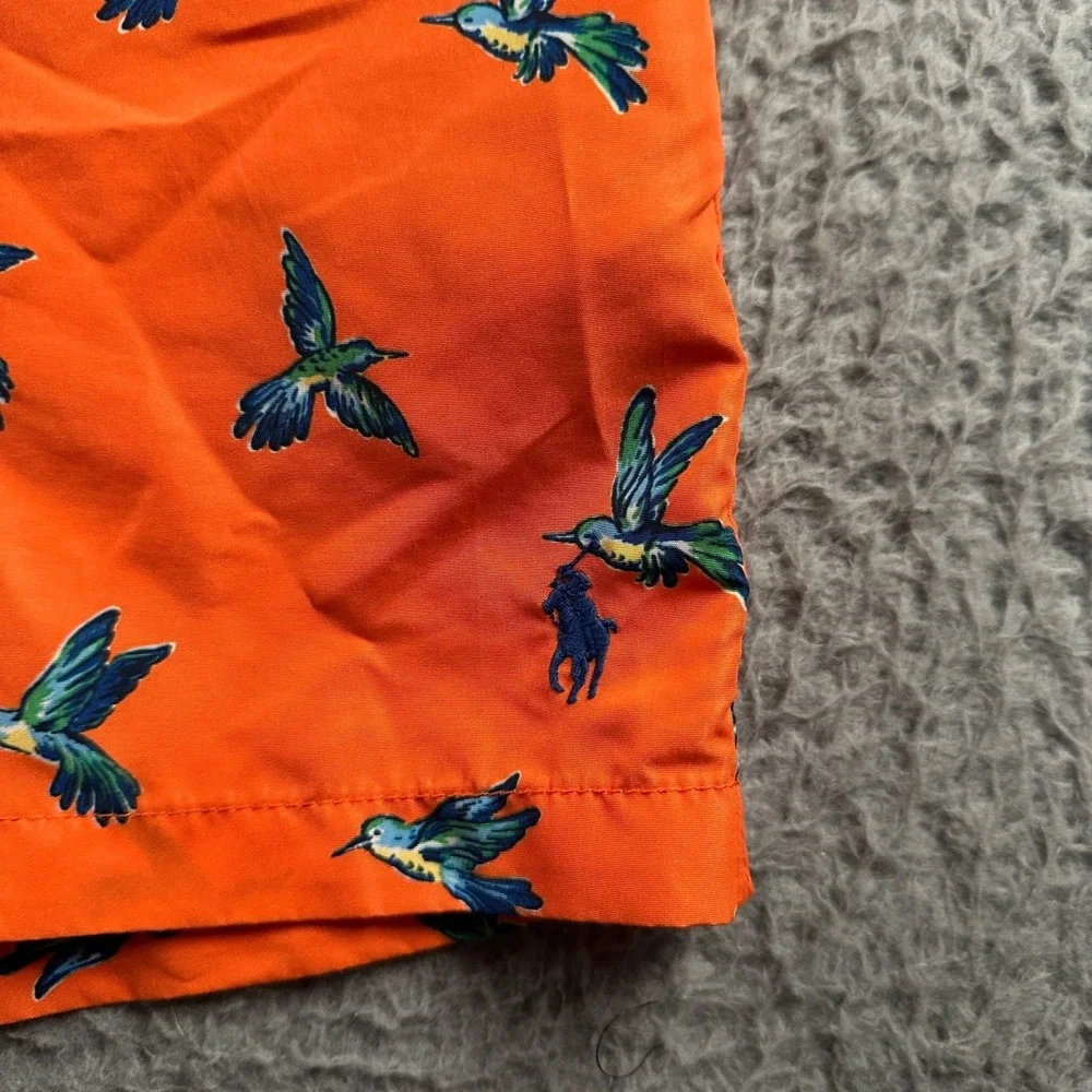 Polo Ralph Lauren Swim Trunks Mens L‎ Hummingbird Print Orange Drawstring Beach